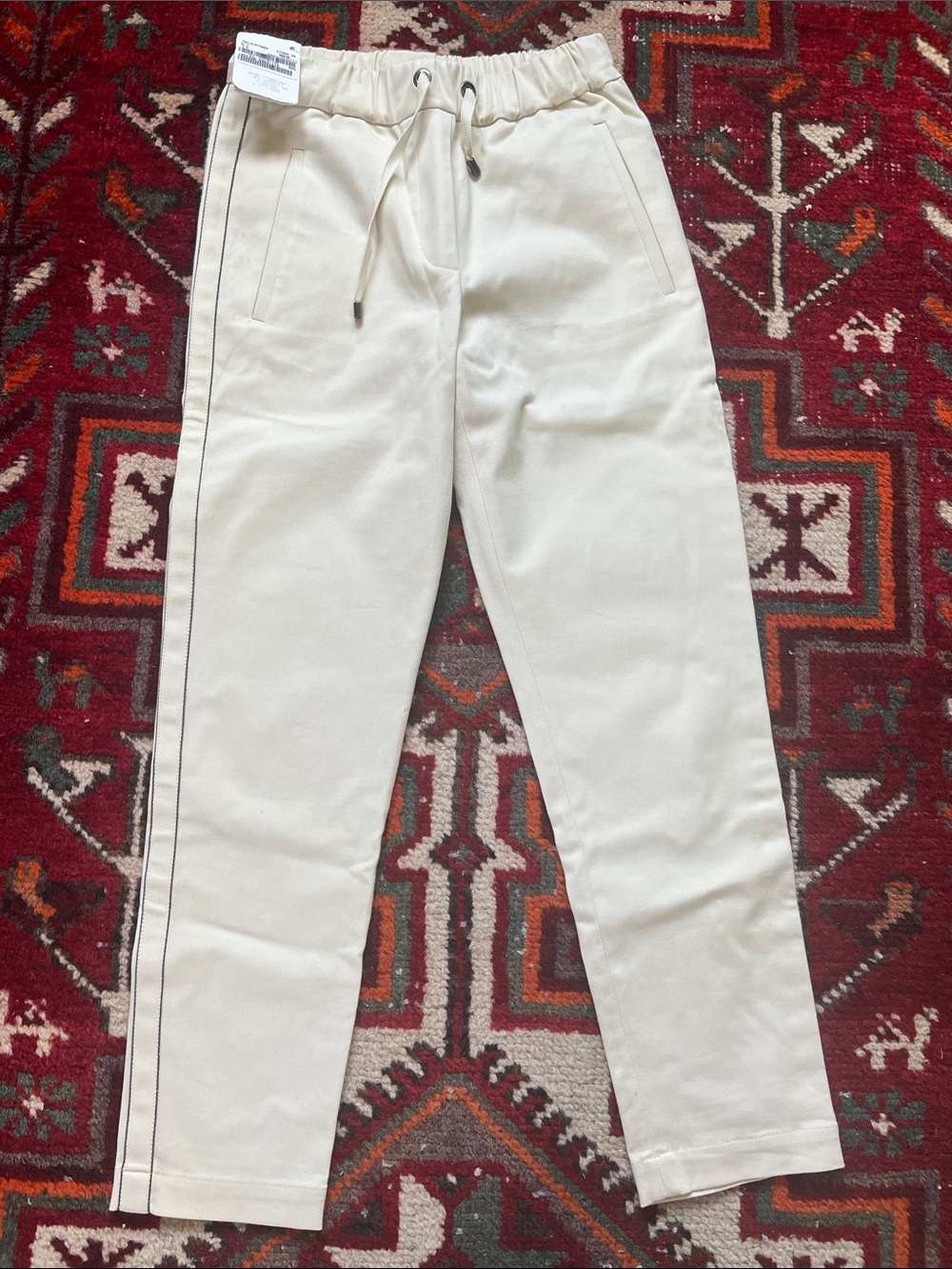 Brunello Cucinelli Cream Drawstring Waist Pants with Contrast Stitch